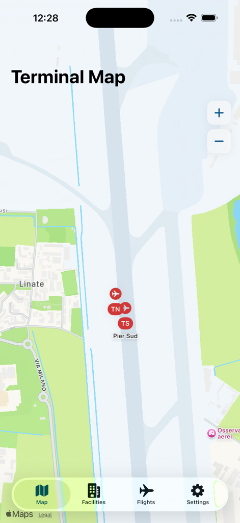 Milano Linate LIN Airport - Mapa interactivo de la terminal que muestra la distribución y las ubicaciones de las puertas del Aeropuerto de Milano Linate