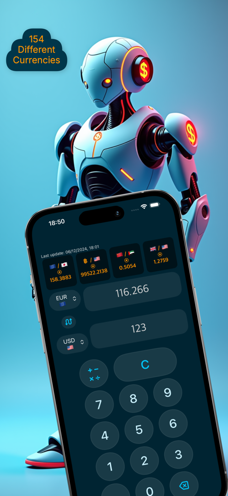 Aplicativo Live Currency Converter no iPhone com calculadora integrada e 154 moedas diferentes