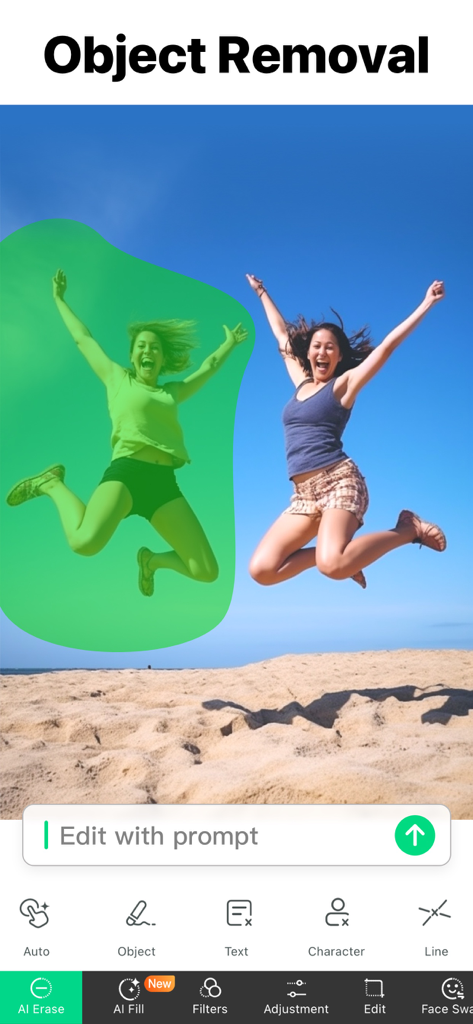 Una interfaz de app móvil que muestra a una persona seleccionada con una máscara verde para ser eliminada de una foto de playa usando herramientas AI