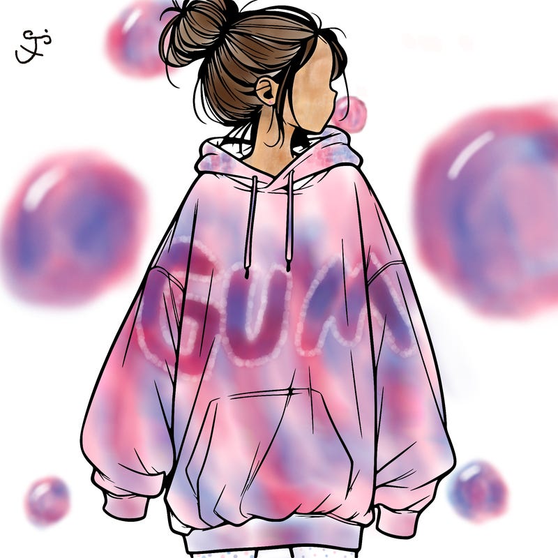 realistic girl with a oversized sweatshirt on and a bun