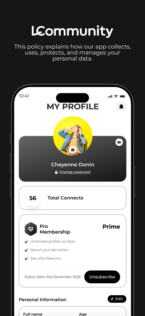 L Community - L Community mobile app user profile page showing name total connects and prime membership status