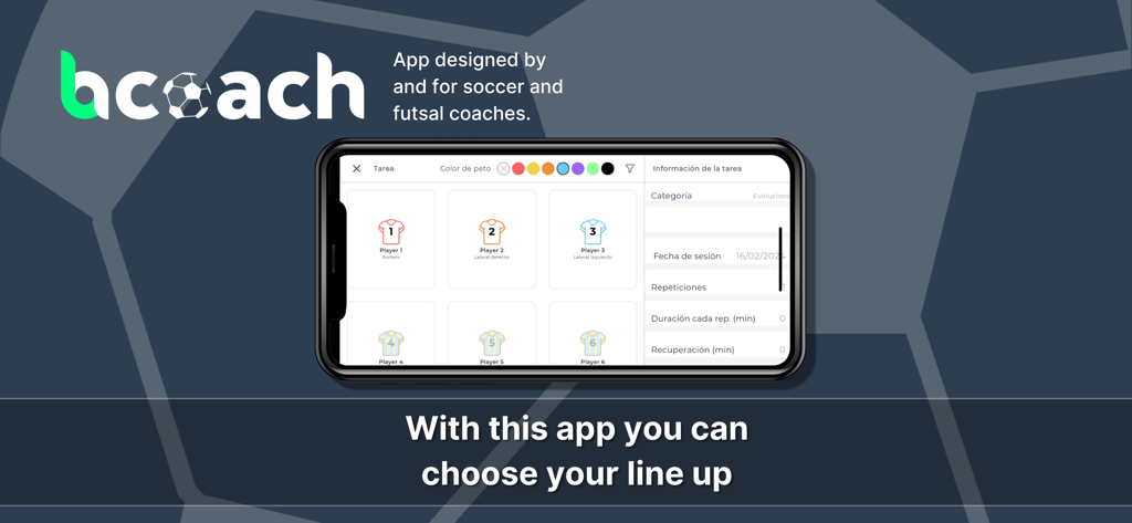 Bcoach app screen showing the player lineup selection feature for soccer coaches
