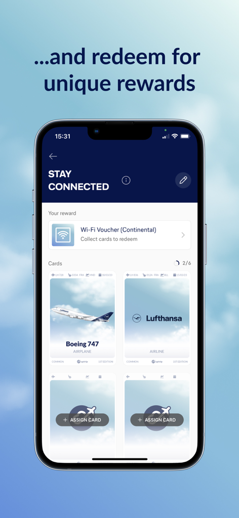 Interface of the Uptrip app showing collected flight cards and a redeemable Wi-Fi voucher.