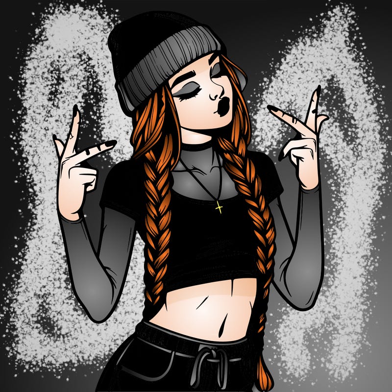 realistic teenage girl with braids and a beanie and crop top doing 🫶🏼