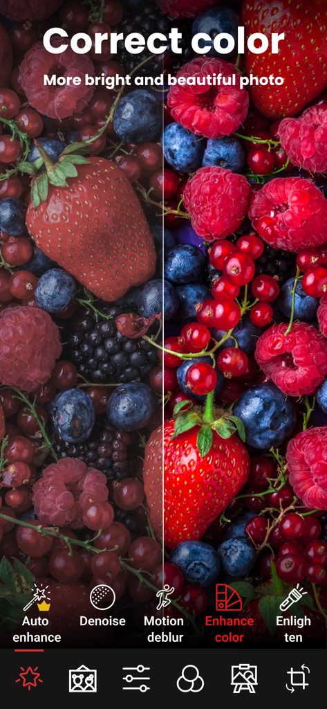 Enhance it - AI Photo Editor - Comparación del antes y el después de la mejora de color en una foto de frutos rojos usando la aplicación Enhance it