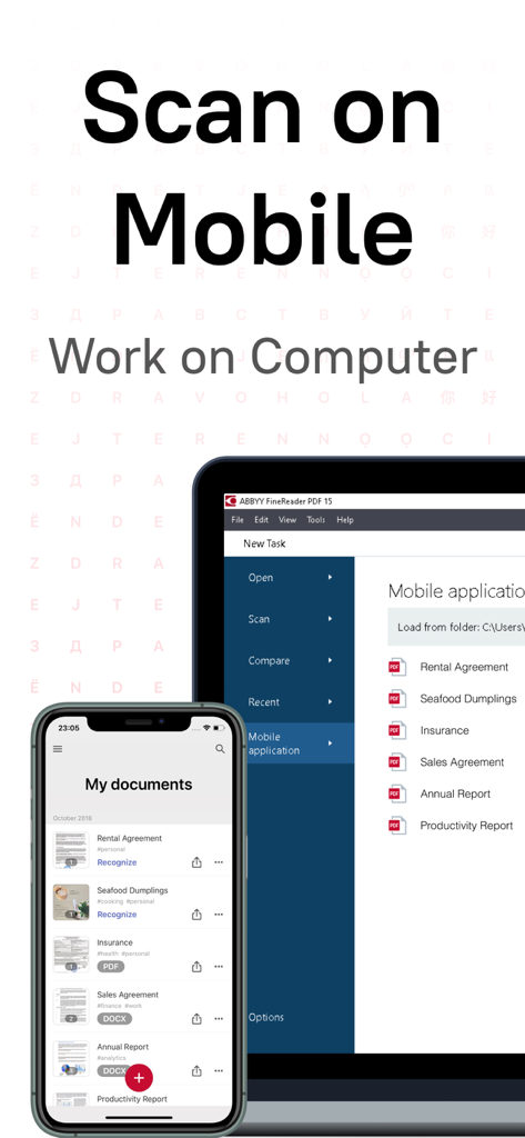 A smartphone and computer screen displaying document synchronization between the mobile app and desktop software