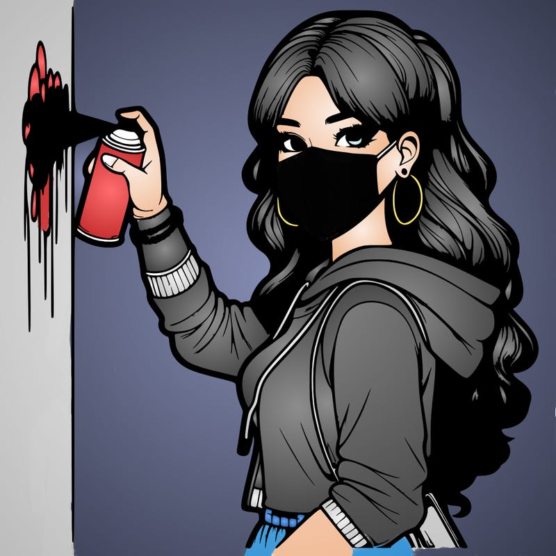 realistic girl with mask spray painting a wall
