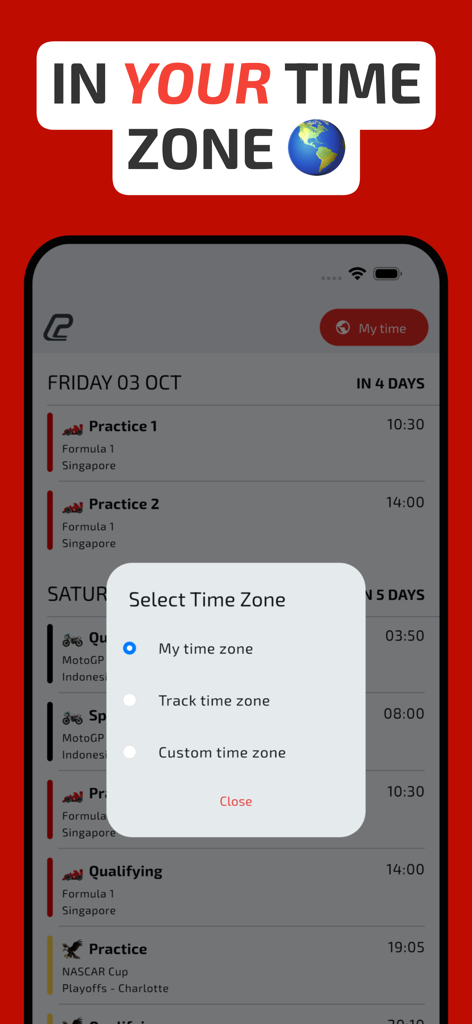 Pantalla de la aplicación Motorsport Calendar que muestra los horarios de las sesiones de carrera y un menú de selección de zona horaria