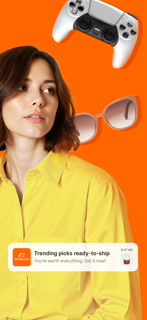 L'interface de l'application Alibaba.com affiche une notification pour des produits tendance prêts à être expédiés, notamment une manette de jeu et des lunettes de soleil.