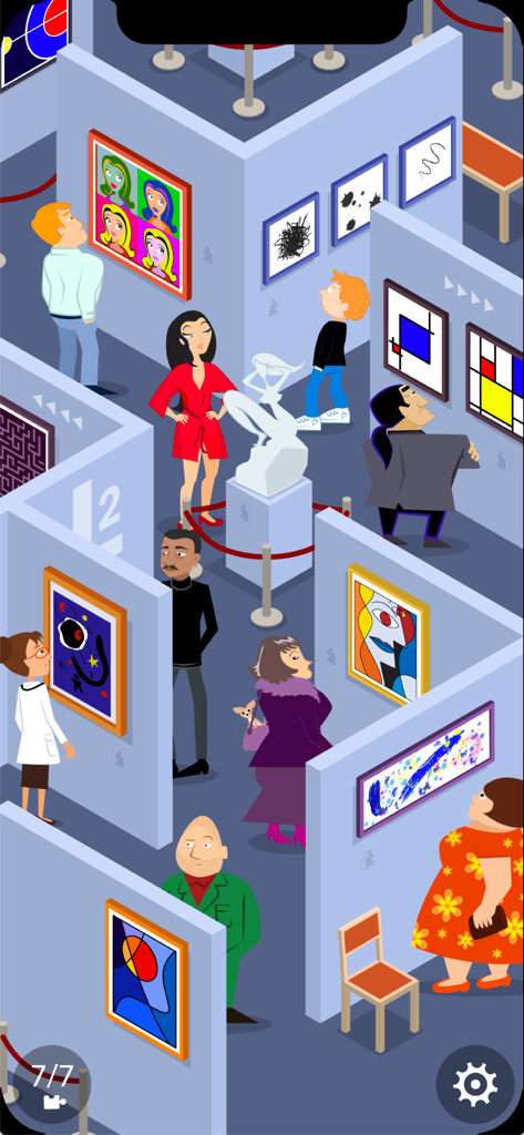 Mystery Puzzle Museum - Characters exploring a hand-drawn art gallery in Mystery Puzzle Museum