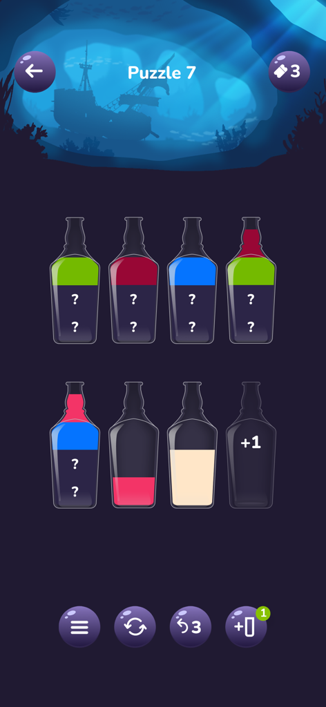 Gameplay de Water Sort Love Water Puzzle com garrafas de líquidos coloridos em um cenário subaquático.