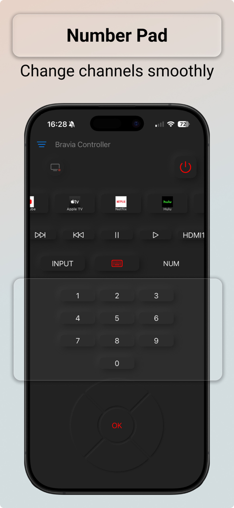 Digital number pad on the Bravia Controller app for changing TV channels