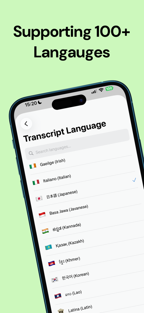 Descript - AI Audio Summaries - Descript-App-Bildschirm mit einer Liste von über 100 unterstützten Sprachen für die KI-Audio-Transkription.