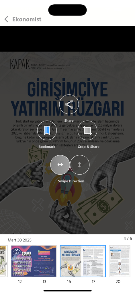 Ekonomist - Digital magazine reader interface in the Ekonomist app showing an article about investment in entrepreneurship.