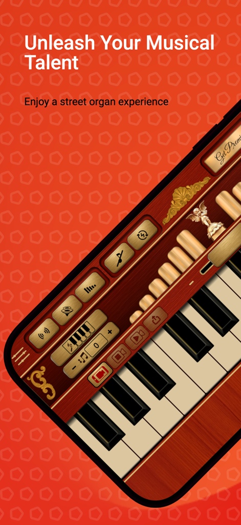Street Organ - Interface of the Street Organ app showing a vintage style keyboard and musical controls