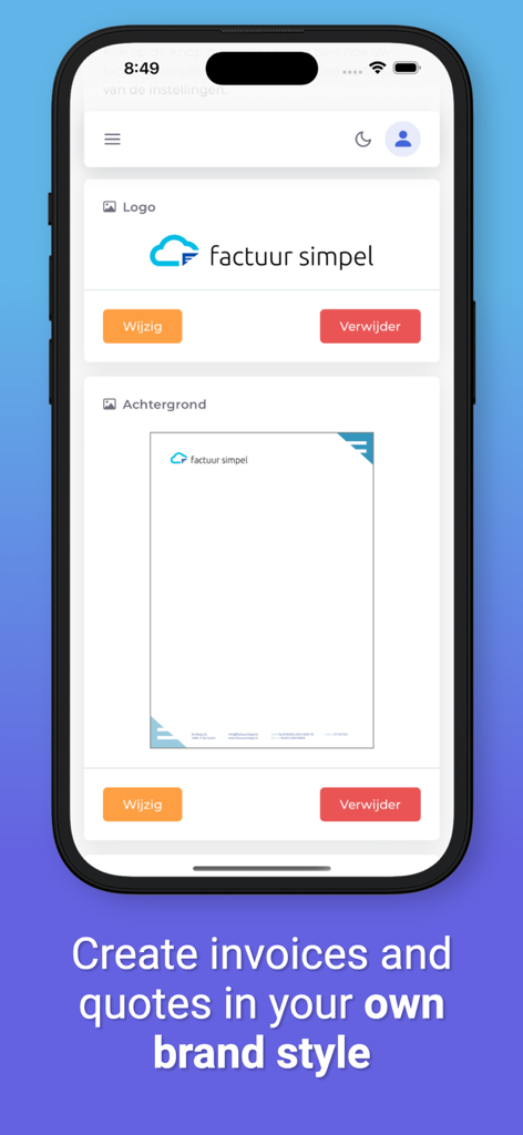 Factuur Simpel app interface showing logo and background customization for professional invoices and quotes