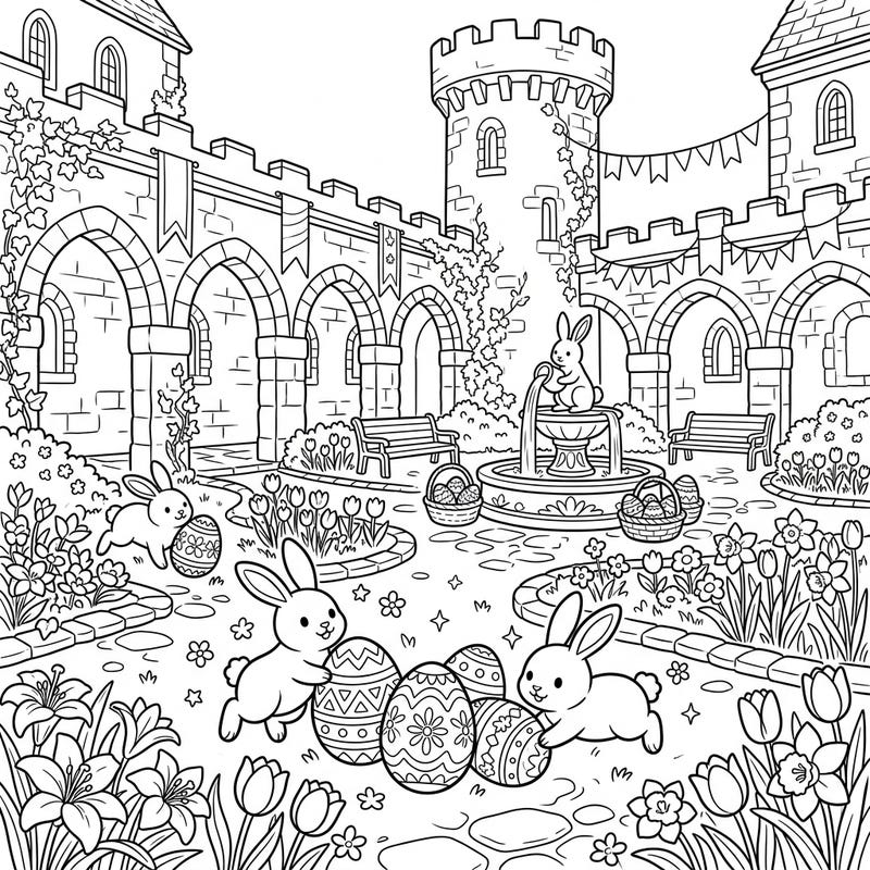 Journey to an enchanting castle courtyard where Easter festivities are in full swing! This delightful coloring page invites you to bring cheerful bunnies, intricately designed Easter eggs, and vibrant spring flowers to life with your favorite colors.