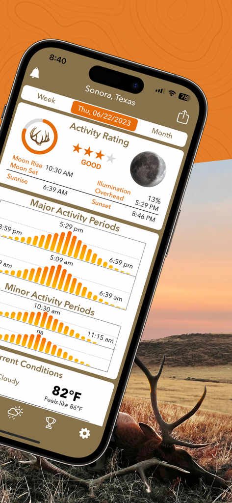 iSolunar™ Hunt & Fish Times - iSolunar app display showing hunting and fishing activity ratings with major and minor periods and moon phases