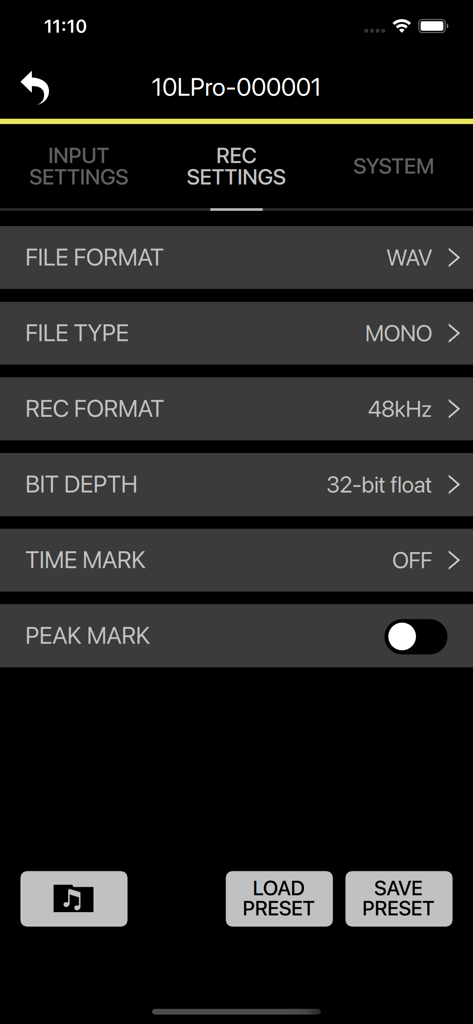 TASCAM RECORDER CONNECT - Recording settings screen in the TASCAM RECORDER CONNECT app showing options for file format bit depth and audio presets