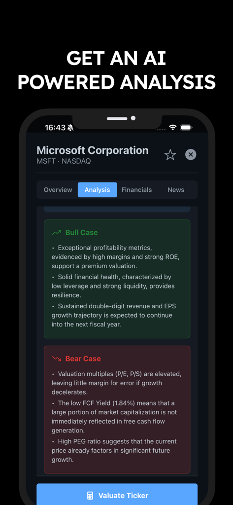 StockVal AI: Fair Value Stocks - Mobile app interface displaying an AI-powered bull and bear case analysis for Microsoft stock
