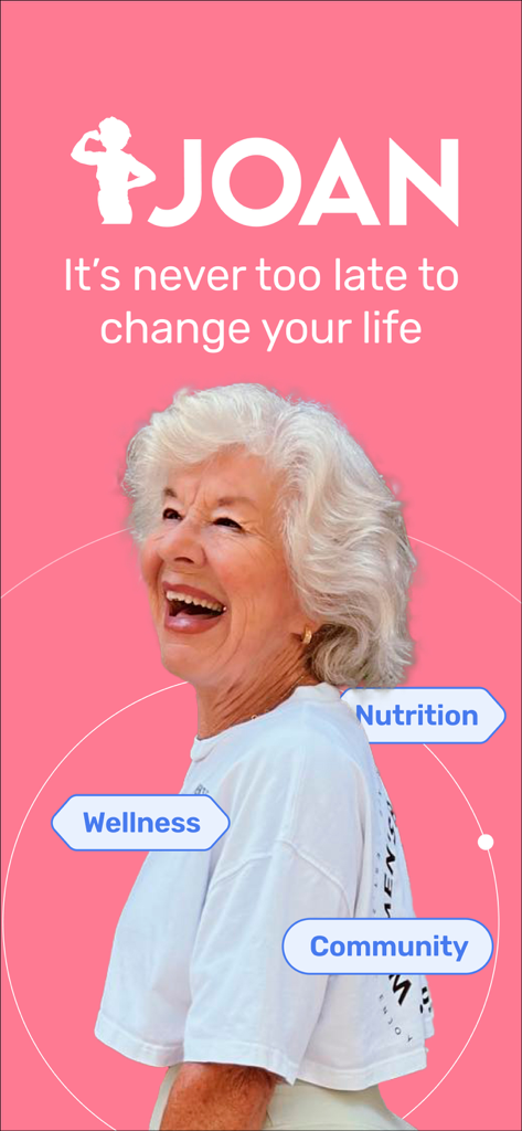 Introductory screen for the Train with Joan app featuring Joan MacDonald and labels for wellness nutrition and community