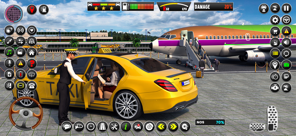 Russian Taxi Driving Simulator - Un taxi amarillo recogiendo a un pasajero en un aeropuerto en el juego Russian Taxi Driving Simulator.