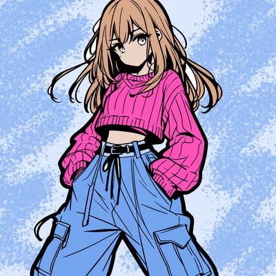 anime teen girl with baggy pants and crop top with sweater