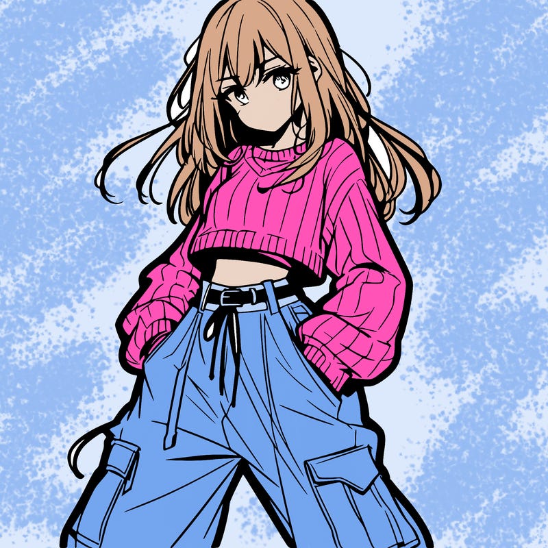 anime teen girl with baggy pants and crop top with sweater
