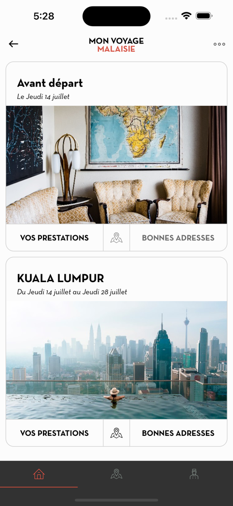 Voyageurs du Monde - Voyageurs du Monde app screen displaying a personalized travel itinerary for Malaysia including services and curated recommendations.
