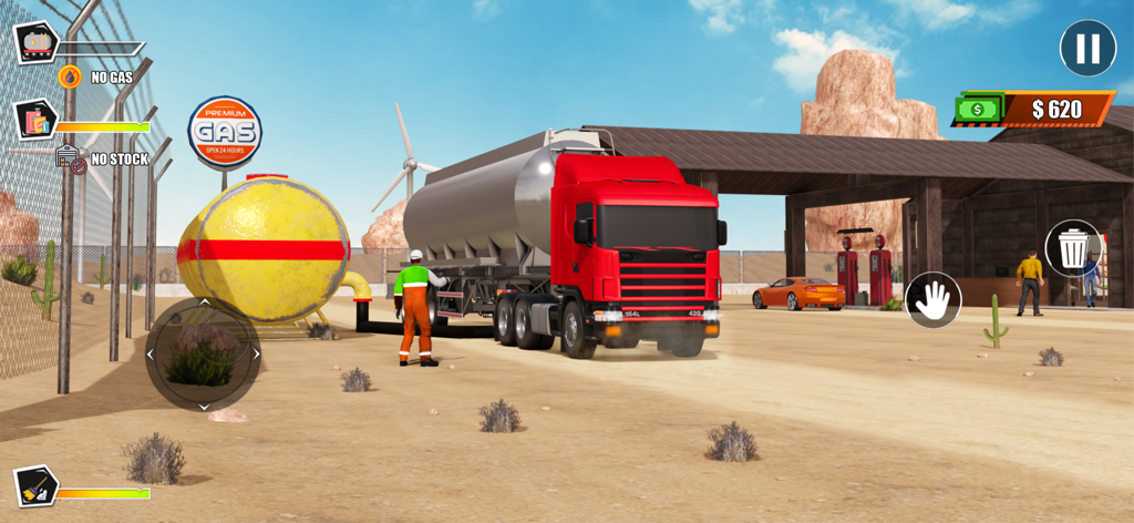 Gameplay do Gas Station Manager Simulator mostrando um caminhão de combustível vermelho entregando gasolina em uma estação no deserto