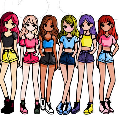 a group of girls wearing crop tops and shorts