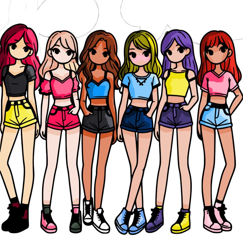 a group of girls wearing crop tops and shorts