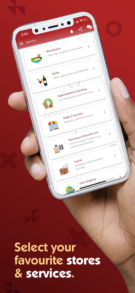 AfriDelivery - A smartphone screen displaying the AfriDelivery app service categories including restaurants drinks and supermarkets