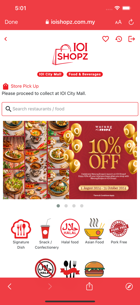 CLUB IOI - IOI SHOPZ interface in the CLUB IOI app showing food categories and a 10 percent discount banner for Warung Eropa.