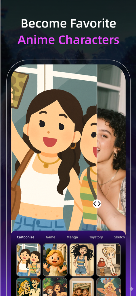 Pixnova: AI Photo&Video Maker - Uno screenshot dell'app Pixnova che mostra una foto reale trasformata in un personaggio anime utilizzando un filtro cartoon AI