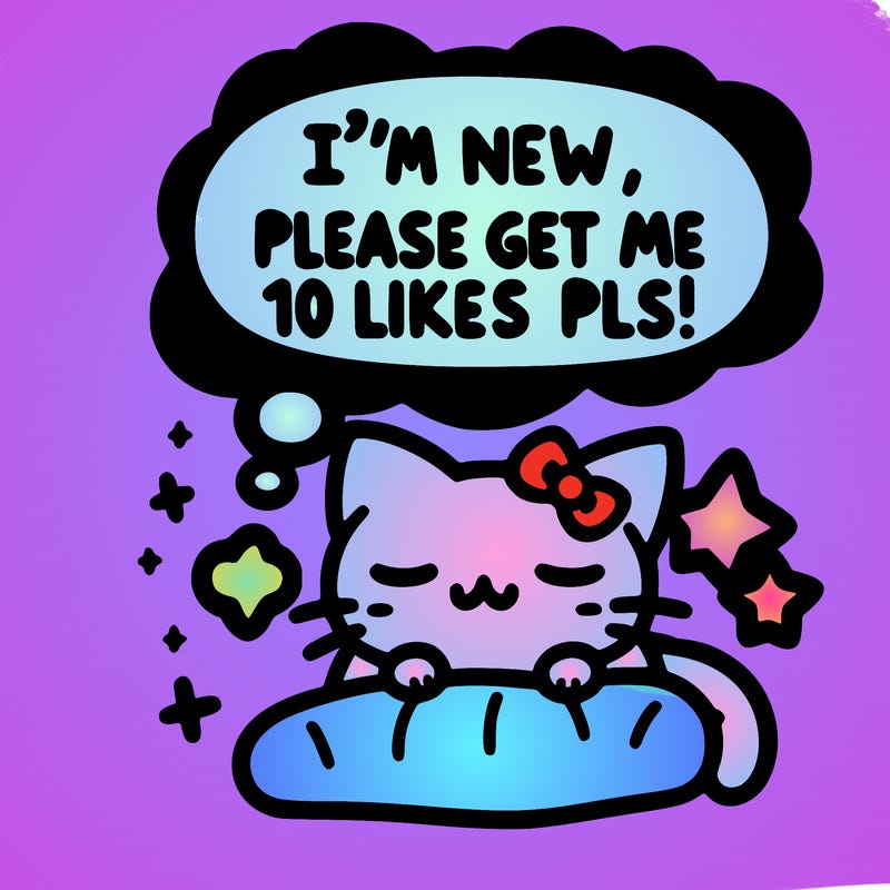 kitty taking a nap dream talking and saying "i'm new, please get me at least 10 likes pls!!"