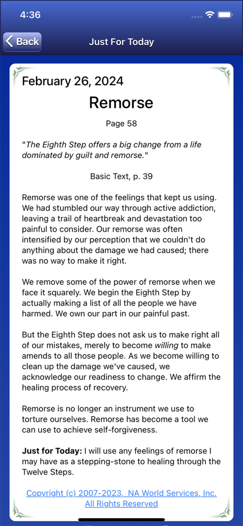 Narcotics Anonymous Just For Today daily reading page about remorse