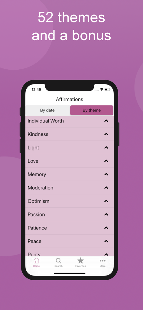 Master-mE - Una lista de temas de afirmación semanales en la aplicación Master-mE que incluyen Amabilidad, Amor y Optimismo