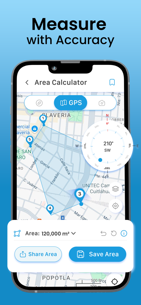 Interfaz de la aplicación RouteFinder mostrando la herramienta calculadora de área midiendo una región de 120,000 metros cuadrados en un mapa.