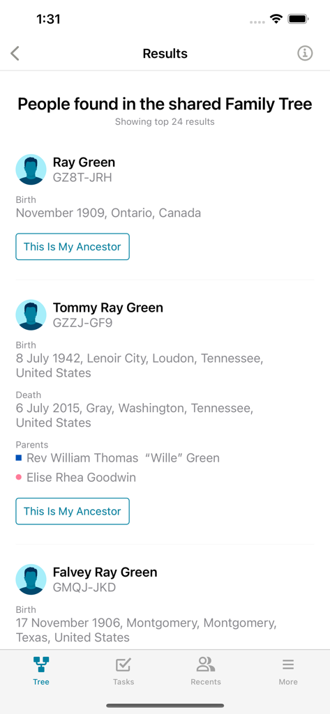 FamilySearch Tree - Search results for potential ancestors in the FamilySearch Tree app