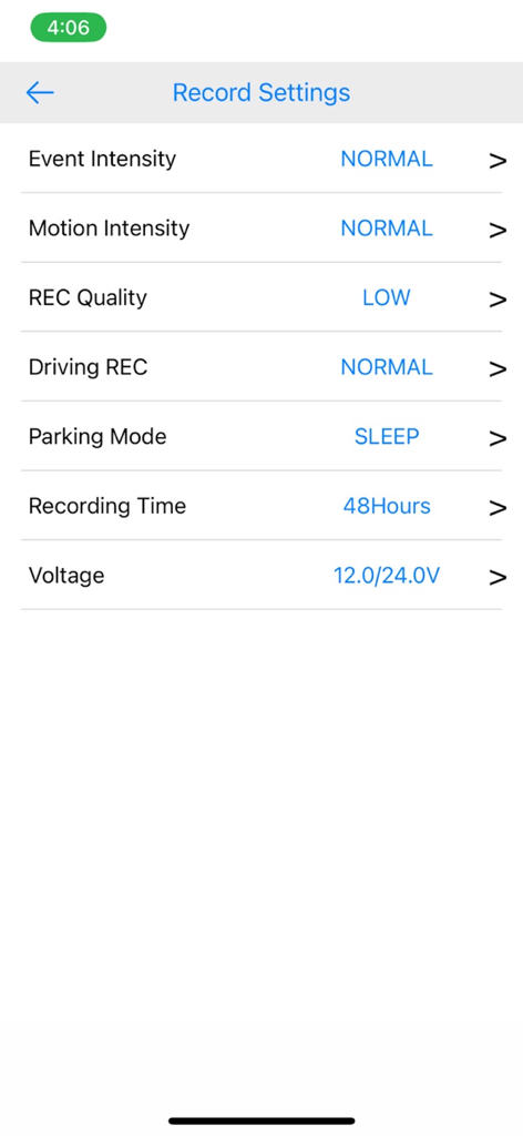 BlackBox Viewer - BlackBox Viewer app record settings screen with options for event intensity, motion intensity, and recording quality.