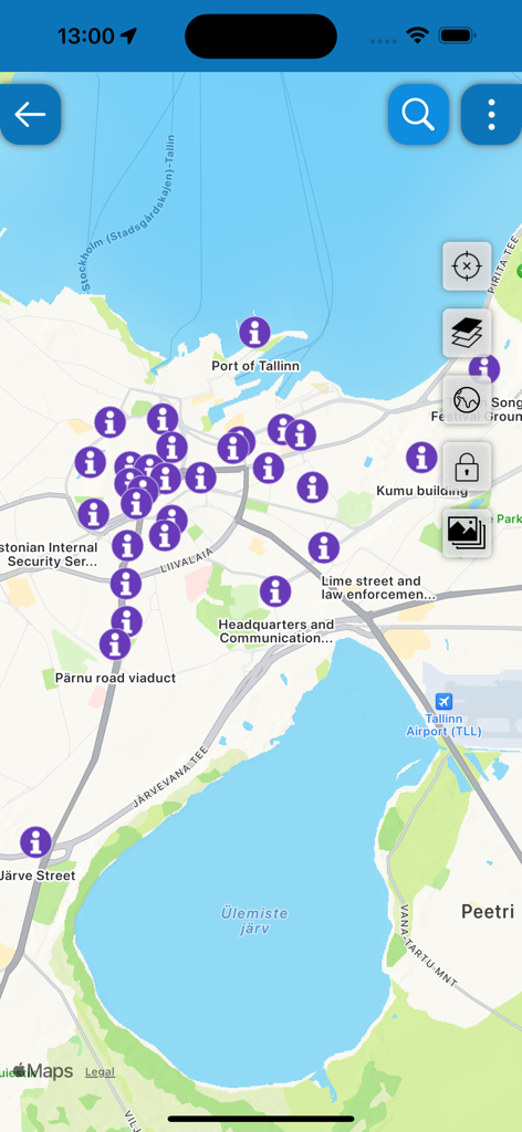 NaviCup - NaviCup mobile app interface showing a map of Tallinn with numerous purple information markers representing checkpoints or points of interest.