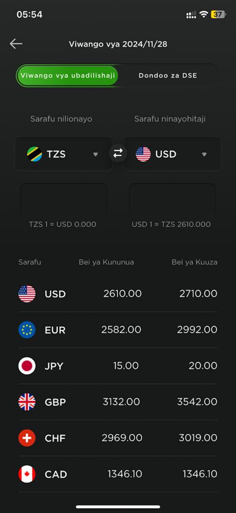 CRDB BANK SIMBANKING DRC - Currency exchange rates dashboard in the CRDB SimBanking mobile app showing conversion values for USD EUR and other currencies.