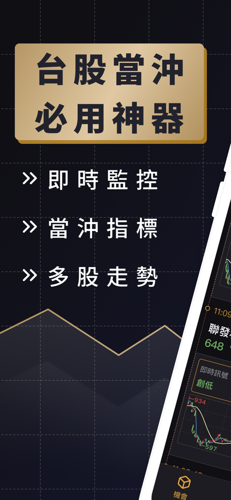 股市當沖K線 - Tela do aplicativo Day Trading K-Line mostrando recursos como monitoramento em tempo real e indicadores de ações.