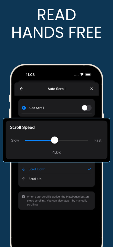 App Progetto Gutenberg Ebooks che mostra le impostazioni di scorrimento automatico per la lettura a mani libere