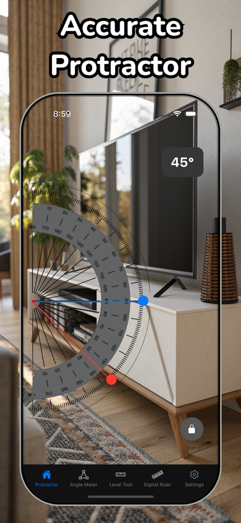 Ruler Tape Measure App - Pantalla de iPhone usando la App Cinta Métrica Regla para medir un ángulo de 45 grados con un transportador digital preciso.