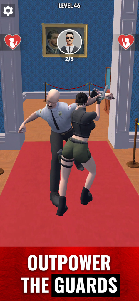 Mr and Mrs Shooter: City Hunt - Eine weibliche Figur führt einen Stealth-Takedown gegen einen Museums-Wachmann in Mr and Mrs Shooter City Hunt durch.