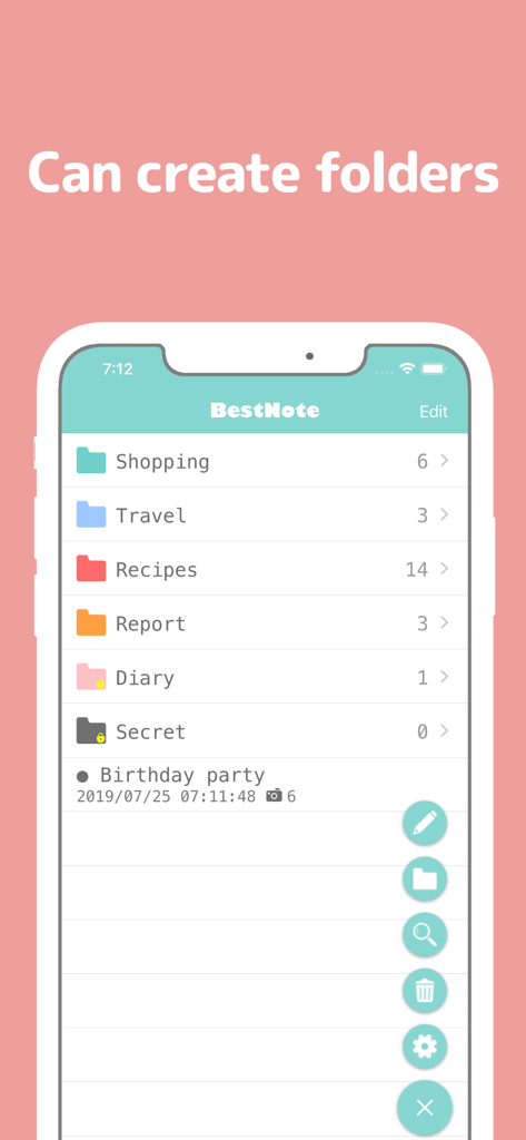 Screenshot of BestNote app displaying a list of categorized folders like Shopping, Travel, and Recipes for note organization.