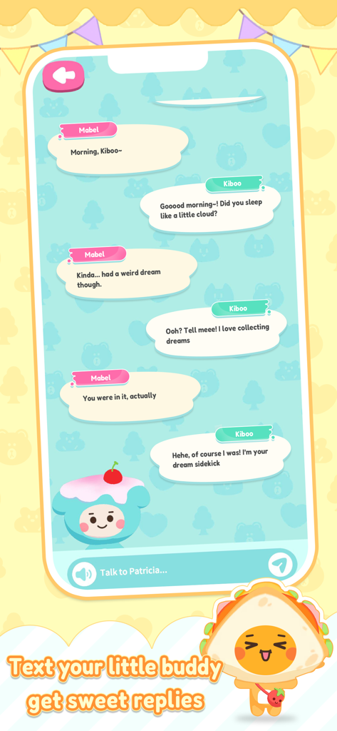 Kiboo: Your AI Friend - Une douce conversation par chat entre un utilisateur et son ami IA Kiboo dans une interface kawaii cosy.