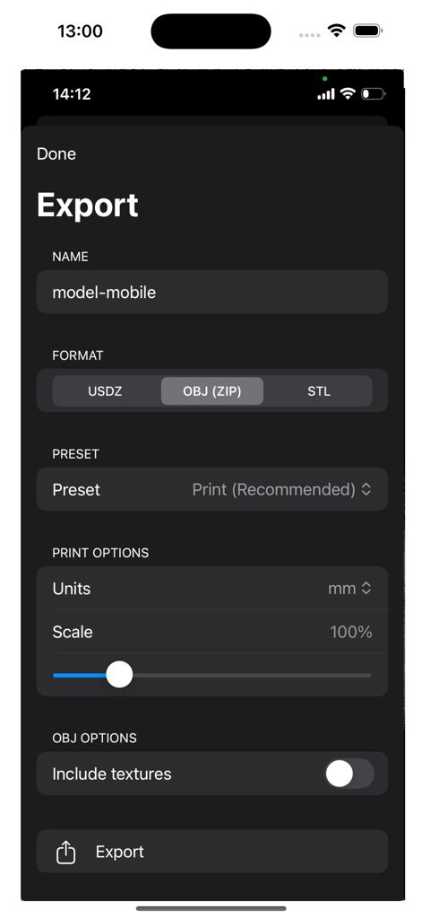 scanbust 3D - Schermata di esportazione dell'app ScanBust 3D con opzioni per formati di file come STL e OBJ più impostazioni di scala e unità